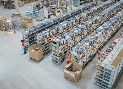 High angle view of a large shipping company warehouse with people working. Large shelves and racks in distribution warehouse with public records management of employees working